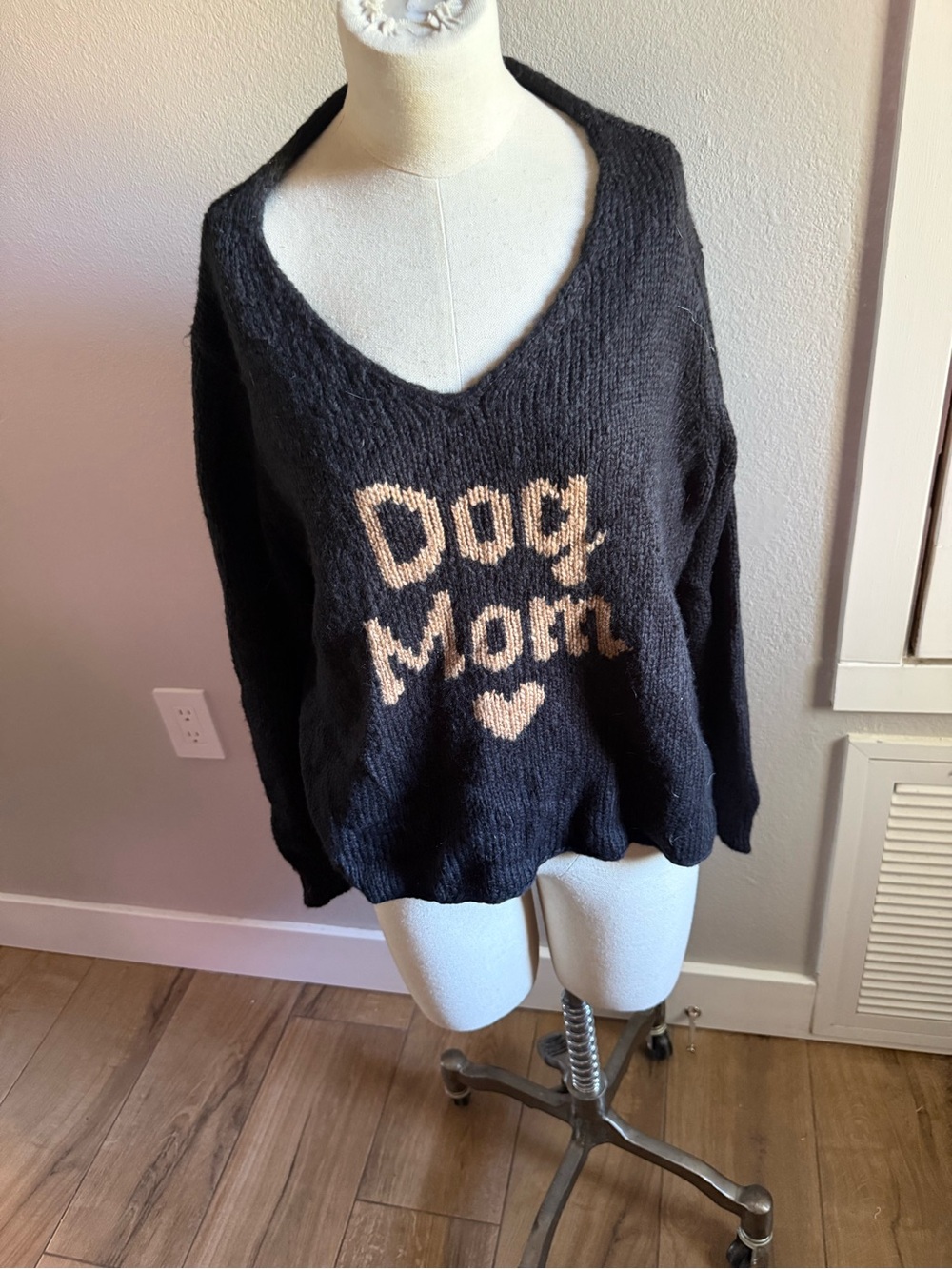 Wooden Ships Black V-Neck Sweater with Cream 'Dog Mom' Text